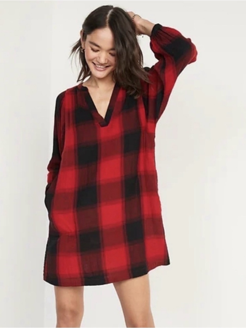 Old Navy red black plaid cotton gauze dress